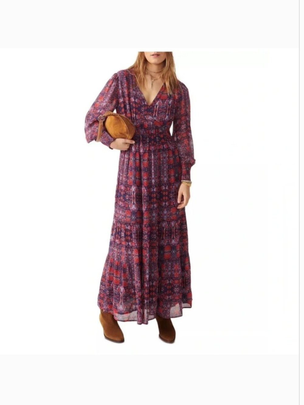 ba&sh Long Sleeve Red and Blue Patterned Dress